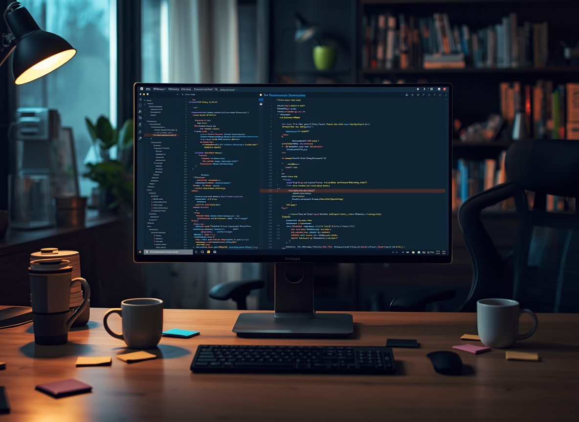 Modern web development workspace with code